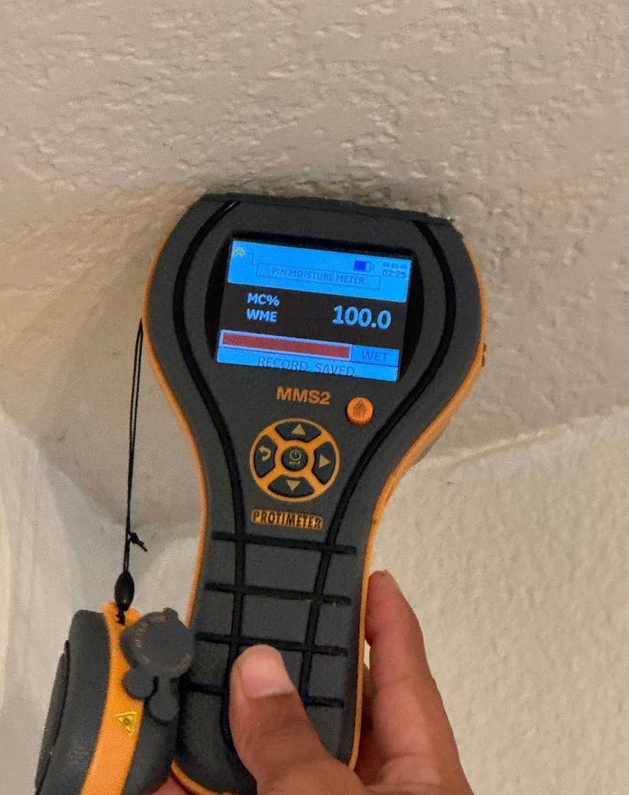 Professional moisture meter reading at Miami water damage site